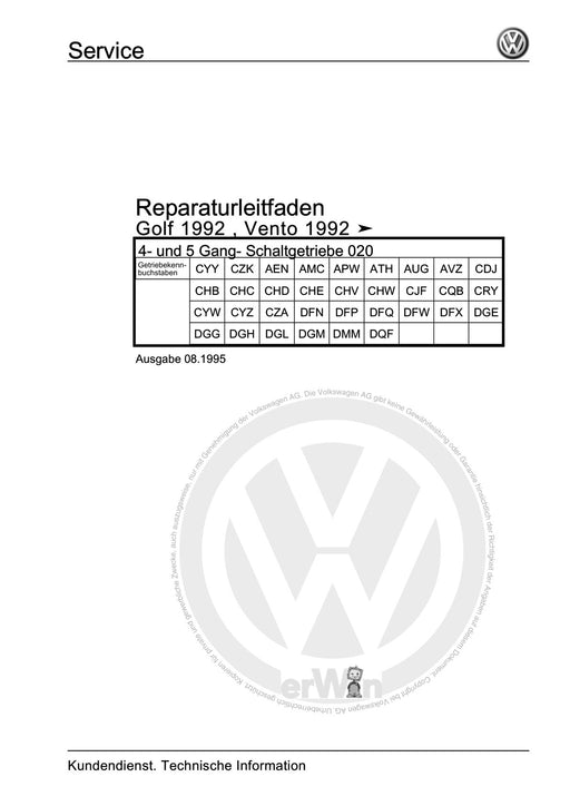 Golf III (1992 - 1999) Golf-Golf Variant-Vento Reparaturanleitung 4- und 5 Gang- Schaltgetriebe 020
