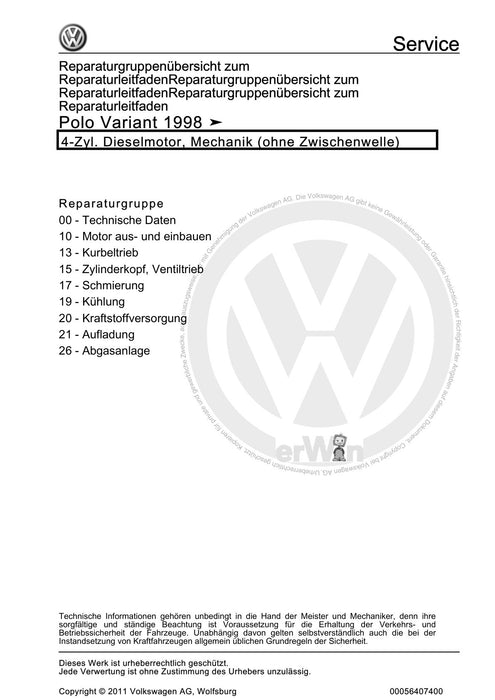 Caddy (1996 - 2003) Caddy Kasten-Kombi Reparaturanleitung 4-Zyl. Dieselmotor, Mechanik (ohne Zwischenwelle)