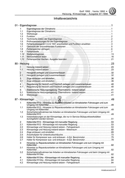 Golf III (1992 - 1999) Golf-Golf Variant-Vento Reparaturanleitung Heizung, Klimaanlage