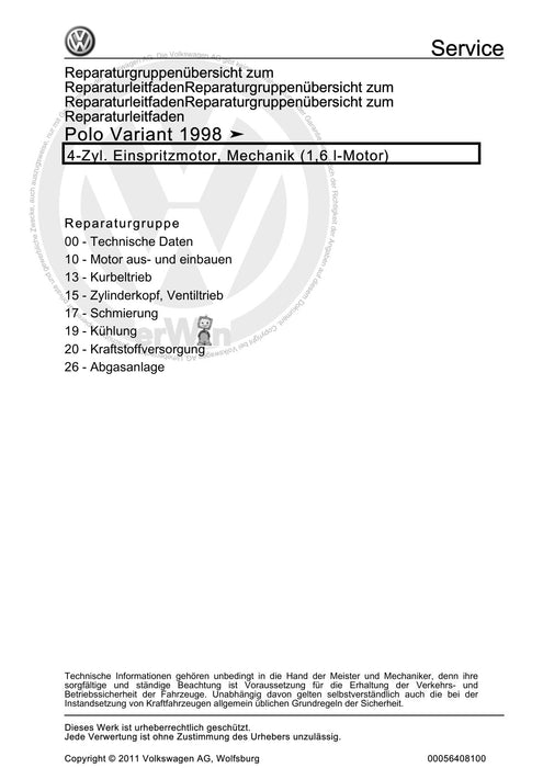 Caddy (1996 - 2003) Caddy Kasten-Kombi Reparaturanleitung 4-Zyl. Einspritzmotor, Mechanik (1,6 l-Motor)