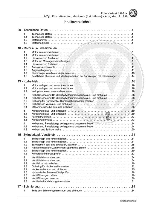 Caddy (1996 - 2003) Caddy Kasten-Kombi Reparaturanleitung 4-Zyl. Einspritzmotor, Mechanik (1,6 l-Motor)
