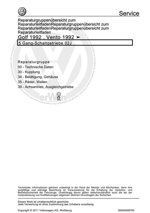 Golf Cabriolet (1994 - 2002) Reparaturanleitung 5 Gang-Schaltgetriebe 02J