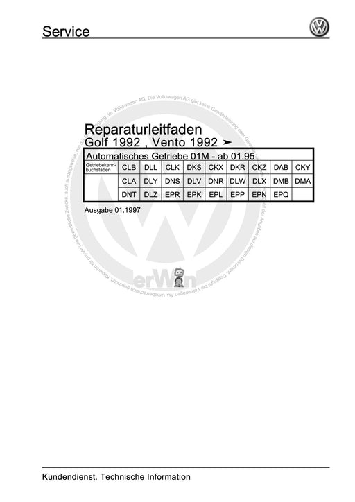 Golf III (1992 - 1999) Golf-Golf Variant-Vento Reparaturanleitung Automatisches Getriebe 01M - ab 01.95
