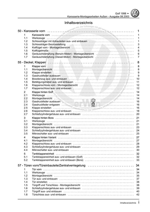 Bora (1999 - 2006) Bora-Bora Variant Reparaturanleitung Karosserie-Montagearbeiten Außen