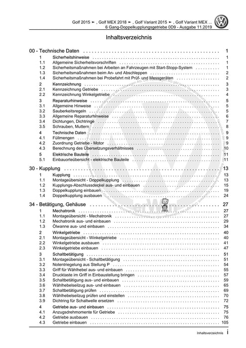 Golf VII (2013+2020)+Golf-Variant-Sportsvan Reparaturanleitung 6 Gang-Doppelkupplungsgetriebe 0D9