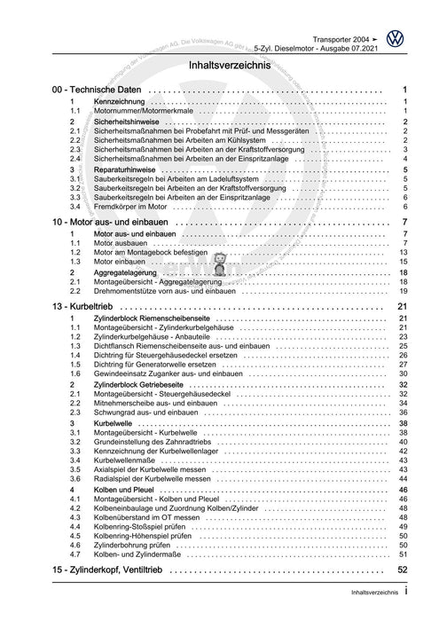 VW Transporter (2003 - 2007) Reparaturanleitung 5-Zyl. Dieselmotor – DRUCK