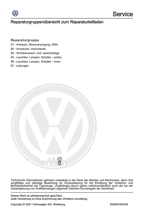 Beetle (2012+) NBL-NBC Reparaturanleitung Elektrische Anlage Allgemeine Informationen