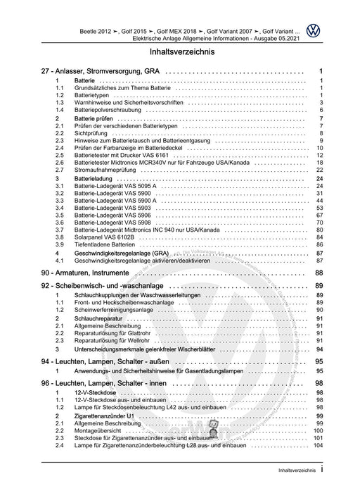 Beetle (2012+) NBL-NBC Reparaturanleitung Elektrische Anlage Allgemeine Informationen