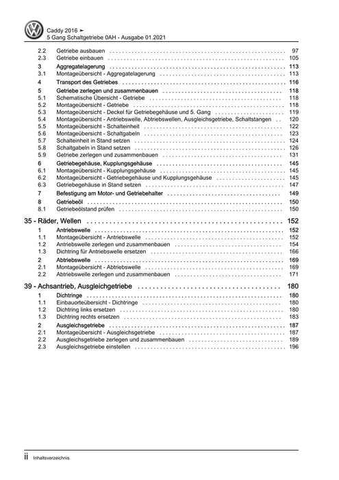 Caddy (2016 - 2020 ) Reparaturanleitung 5 Gang Schaltgetriebe 0AH