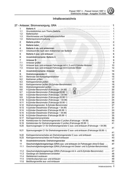 Passat (1997 - 2005) Passat-Passat Variant Reparaturanleitung Elektrische Anlage