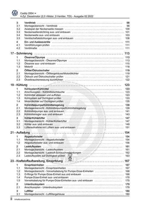 Caddy (2004 - 2010) Caddy-Caddy Kombi Reparaturanleitung 4-Zyl. Dieselmotor (2,0 l-Motor, 2-Ventiler, TDI)