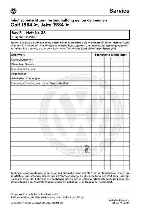 Golf II (1984 - 1989) Maintenance handbook (IGG) Heft 33+Golf-Jetta ab 1986 Inland