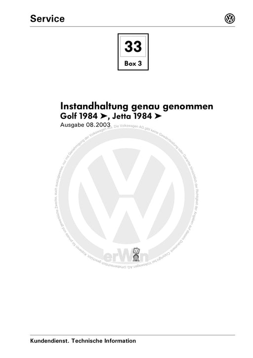 Jetta (1980 - 1988) Jetta Maintenance handbook (IGG) Heft 33+Golf-Jetta ab 1986 Inland