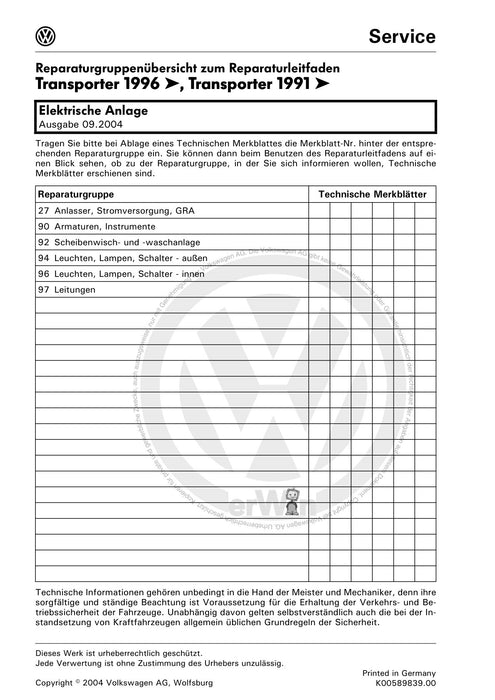 Transporter (1991 - 1996) Reparaturanleitung Elektrische Anlage