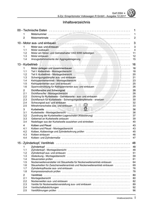 Golf V (2004 - 2007) Golf-Golf Variant-Golf Plus-Jetta Reparaturanleitung 6-Zyl. Einspritzmotor Volkswagen R GmbH