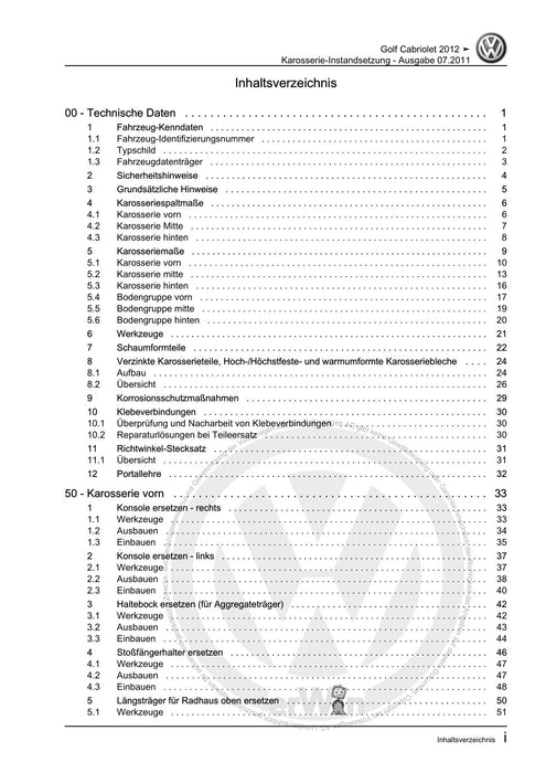 Golf VI (2009 - 2013) Golf-Plus-Cabriolet-Variant Reparaturanleitung Karosserie-Instandsetzung