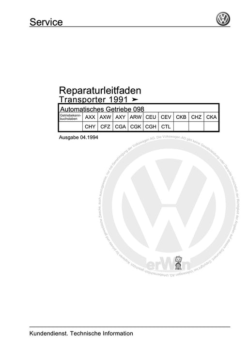 Transporter (1991 - 1996) Reparaturanleitung Automatisches Getriebe 098
