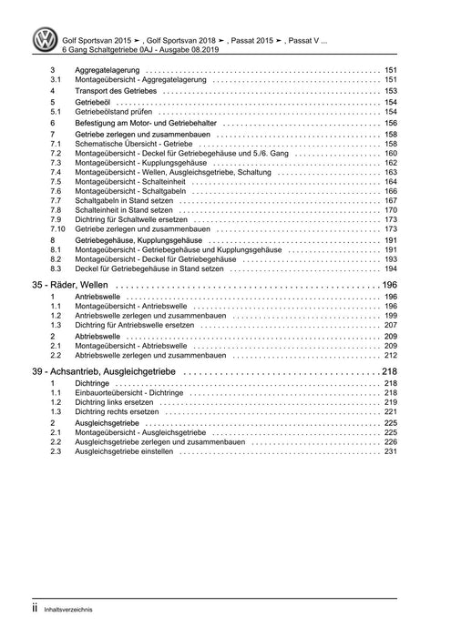 Golf VII (2013+2020)+Golf-Variant-Sportsvan Reparaturanleitung 6 Gang Schaltgetriebe 0AJ