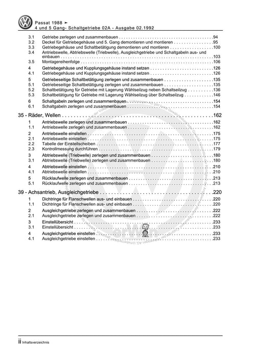 Passat (1988 - 1994) Passat-Passat Variant Reparaturanleitung 4 und 5 Gang- Schaltgetriebe 02A