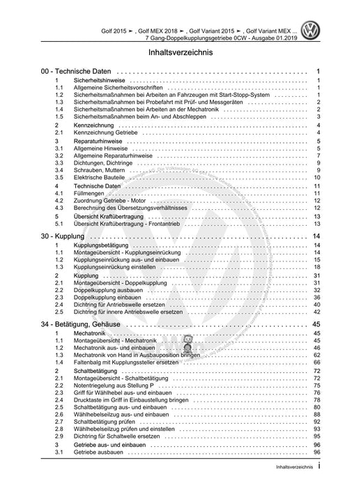 Golf VII (2013+2020)+Golf-Variant-Sportsvan Reparaturanleitung 7 Gang-Doppelkupplungsgetriebe 0CW