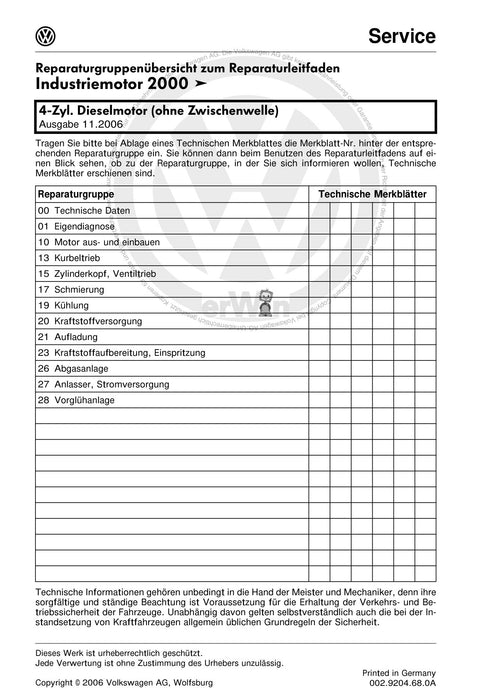Industriemotoren - Industrial Engines (IM) Reparaturanleitung 4-Zyl. DIeselmotor (1,9l-Motor)+ARD - AVM - BEQ - BEU - BJC - BXT