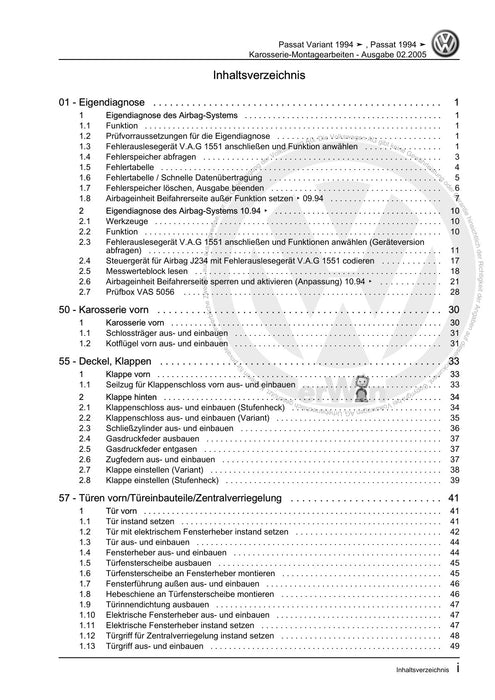 Passat (1994 - 1997) Passat-Passat Variant Reparaturanleitung Karosserie-Montagearbeiten