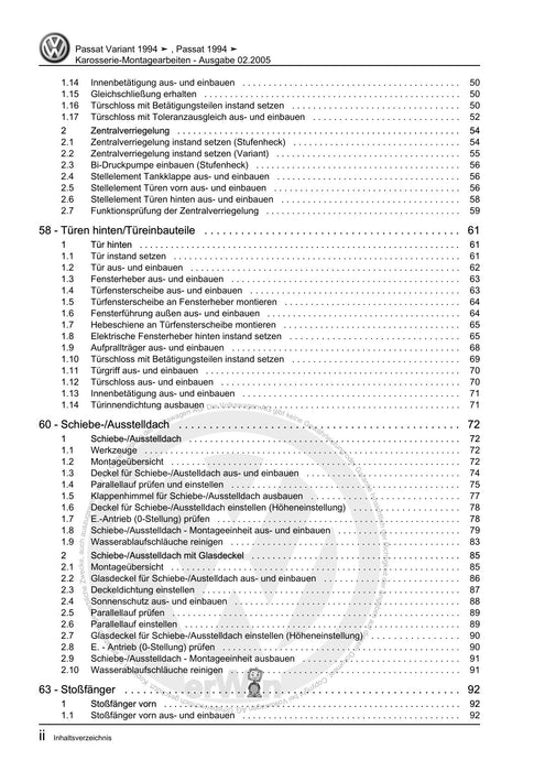 Passat (1994 - 1997) Passat-Passat Variant Reparaturanleitung Karosserie-Montagearbeiten