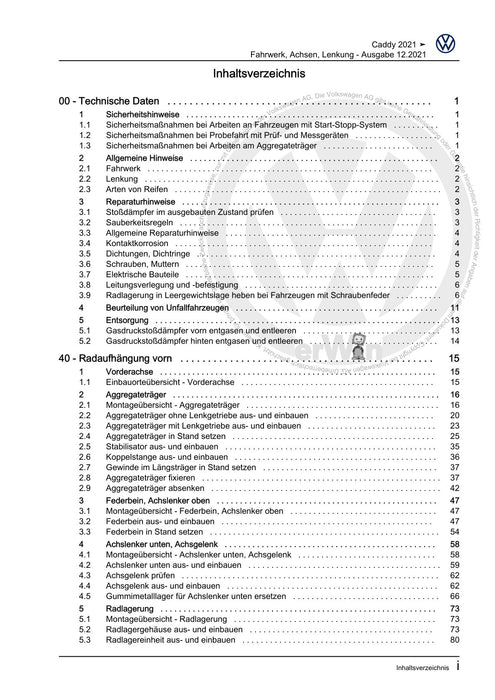 Caddy (2021+) Reparaturanleitung Fahrwerk, Achsen, Lenkung