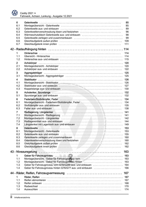 Caddy (2021+) Reparaturanleitung Fahrwerk, Achsen, Lenkung