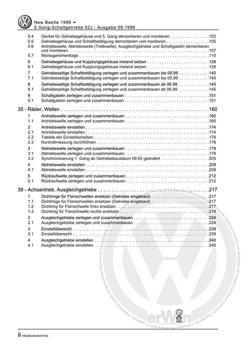 Beetle (1998 - 2010) New Beetle-Cabrio Reparaturanleitung 5 Gang-Schaltgetriebe 02J