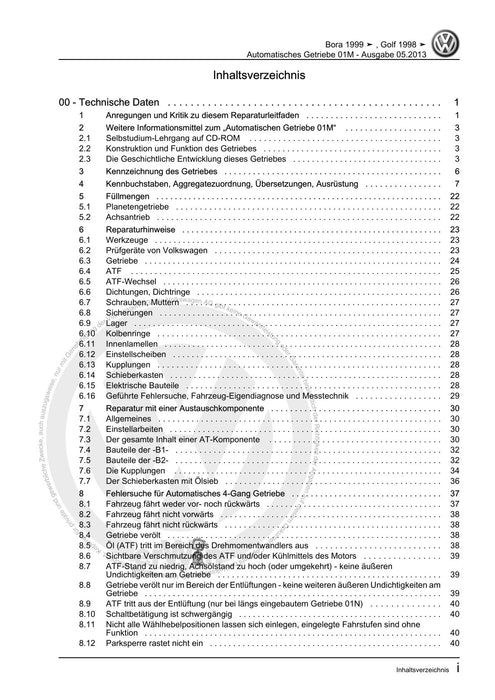 Bora (1999 - 2006) Bora-Bora Variant Reparaturanleitung Automatisches Getriebe 01M