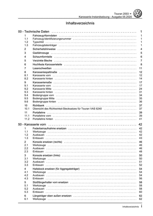 Touran (2003 - 2015) Reparaturanleitung Karosserie-Instandsetzung