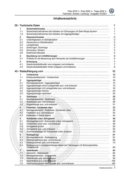 Polo 2022 Reparaturanleitung Fahrwerk, Achsen, Lenkung