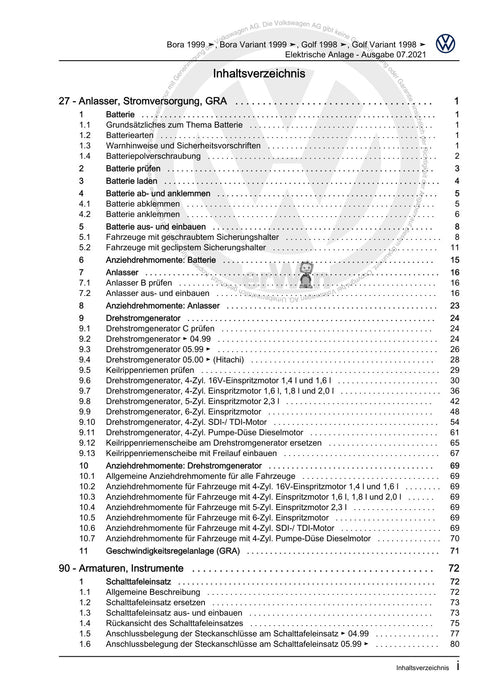 Bora (1999 - 2006) Bora-Bora Variant Reparaturanleitung Elektrische Anlage