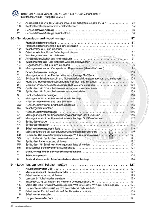 Bora (1999 - 2006) Bora-Bora Variant Reparaturanleitung Elektrische Anlage