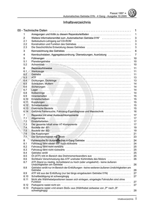 Passat (1997 - 2005) Passat-Passat Variant Reparaturanleitung Automatisches Getriebe 01N - 4 Gang