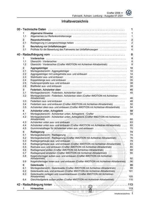 Crafter (2006 - 2016) Reparaturanleitung Fahrwerk, Achsen, Lenkung