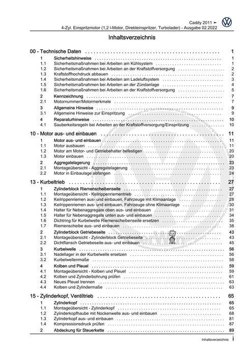 Caddy (2011 - 2015) Caddy-Caddy Maxi Reparaturanleitung 4-Zyl. Einspritzmotor (1,2 l-Motor, Direkteinspritzer, Turbolader)