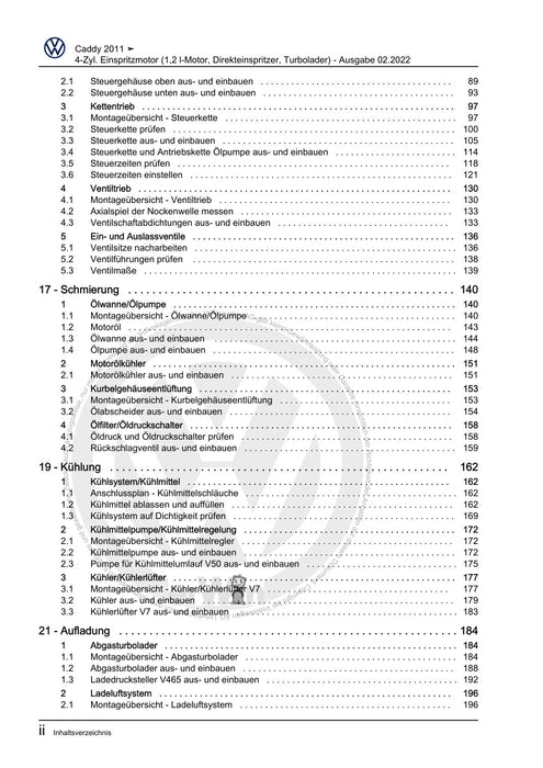 Caddy (2011 - 2015) Caddy-Caddy Maxi Reparaturanleitung 4-Zyl. Einspritzmotor (1,2 l-Motor, Direkteinspritzer, Turbolader)