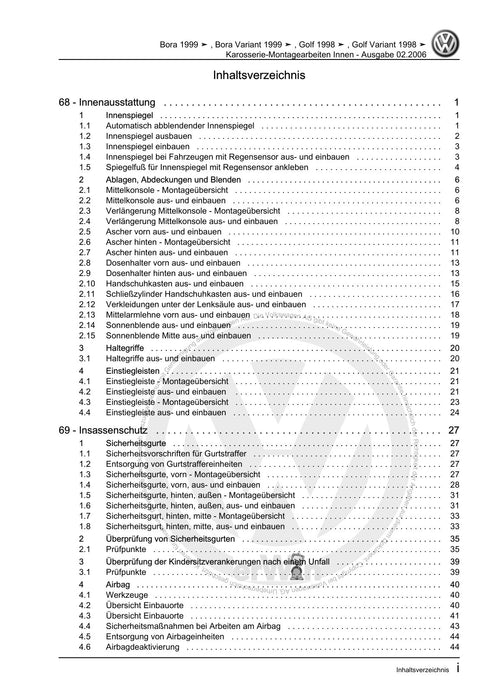 Bora (1999 - 2006) Bora-Bora Variant Reparaturanleitung Karosserie-Montagearbeiten Innen