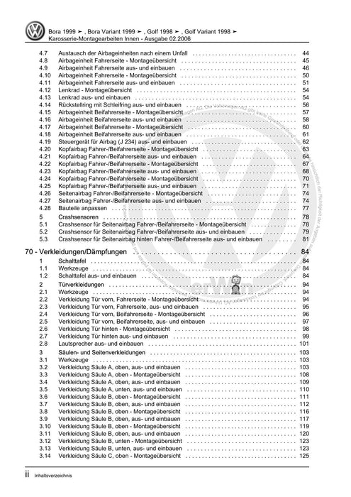 Bora (1999 - 2006) Bora-Bora Variant Reparaturanleitung Karosserie-Montagearbeiten Innen