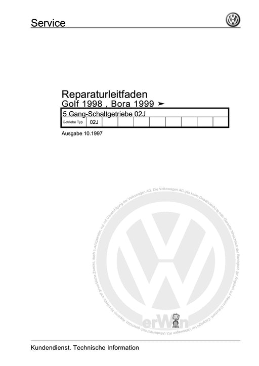 Golf IV (1998 - 2006) Golf-Golf Variant-Bora-Bora Variant Reparaturanleitung 5 Gang-Schaltgetriebe 02J