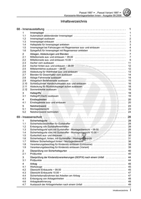 Passat (1997 - 2005) Passat-Passat Variant Reparaturanleitung Karosserie-Montagearbeiten Innen