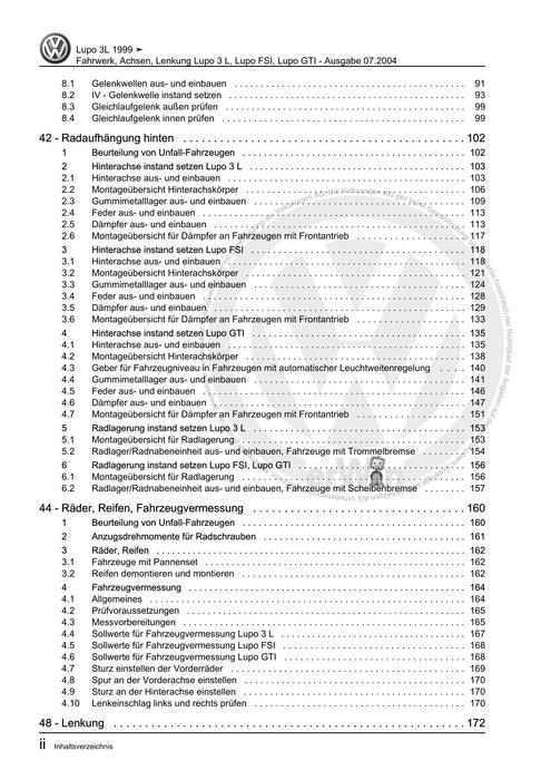 Lupo (1998 - 2006) Reparaturanleitung Fahrwerk, Achsen, Lenkung Lupo 3 L, Lupo FSI, Lupo GTI