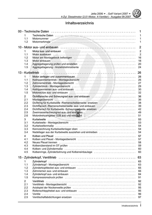 Golf V (2004 - 2007) Golf-Golf Variant-Golf Plus-Jetta Reparaturanleitung 4-Zyl. Dieselmotor (2,0 l-Motor, 4-Ventiler)