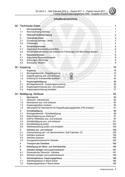 Passat CC (2009) Reparaturanleitung 7 Gang-Doppelkupplungsgetriebe 0AM