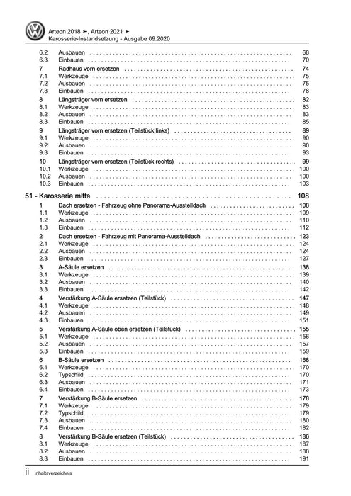 Arteon (2018 - 2020) Reparaturanleitung Karosserie-Instandsetzung