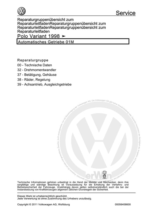 Polo (1995 - 2002) Polo Reparaturanleitung Automatisches Getriebe 01M