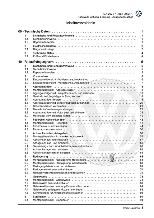 ID.5 (2021+) Reparaturanleitung Fahrwerk, Achsen, Lenkung
