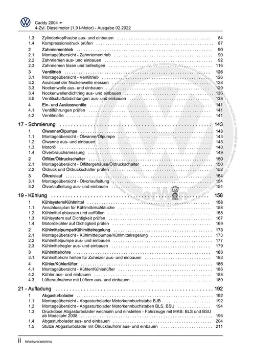 Caddy (2004 - 2010) Caddy-Caddy Kombi Reparaturanleitung 4-Zyl. Dieselmotor (1,9 l-Motor)